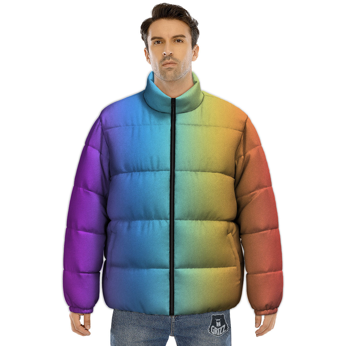 Gradient Rainbow Print Pattern Puffer Jacket-grizzshop