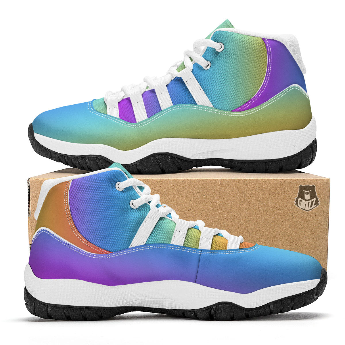 Gradient Rainbow Print Pattern White Bball Shoes-grizzshop