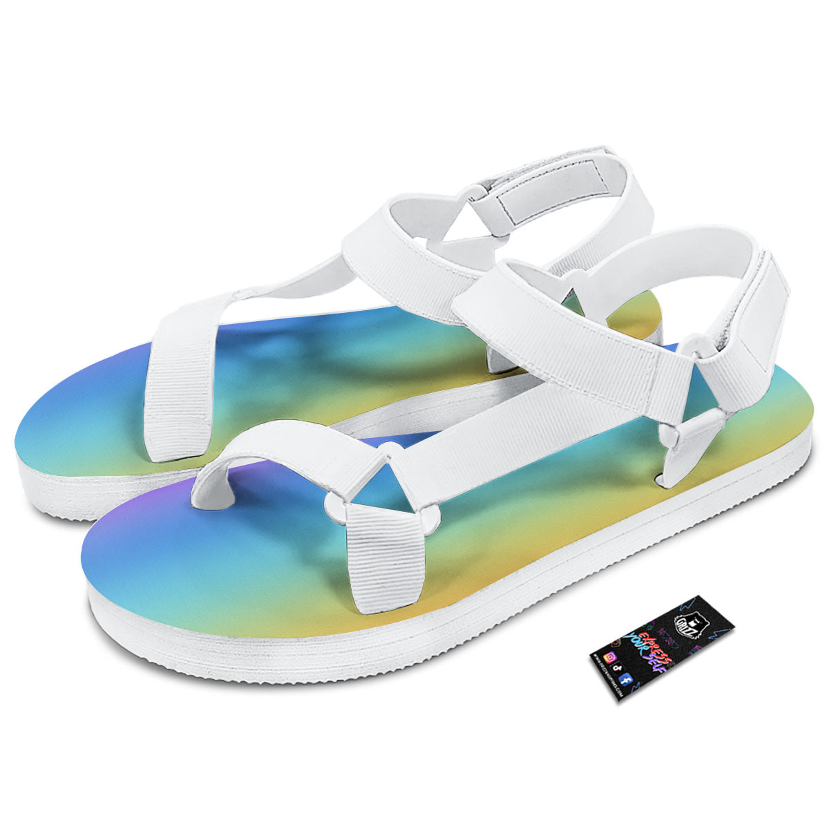 Gradient Rainbow Print Pattern White Open Toe Sandals-grizzshop