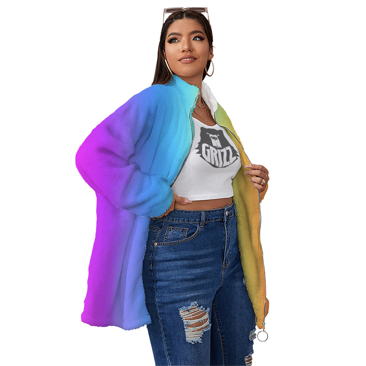 Gradient Rainbow Print Pattern Women's Sherpa Jacket-grizzshop