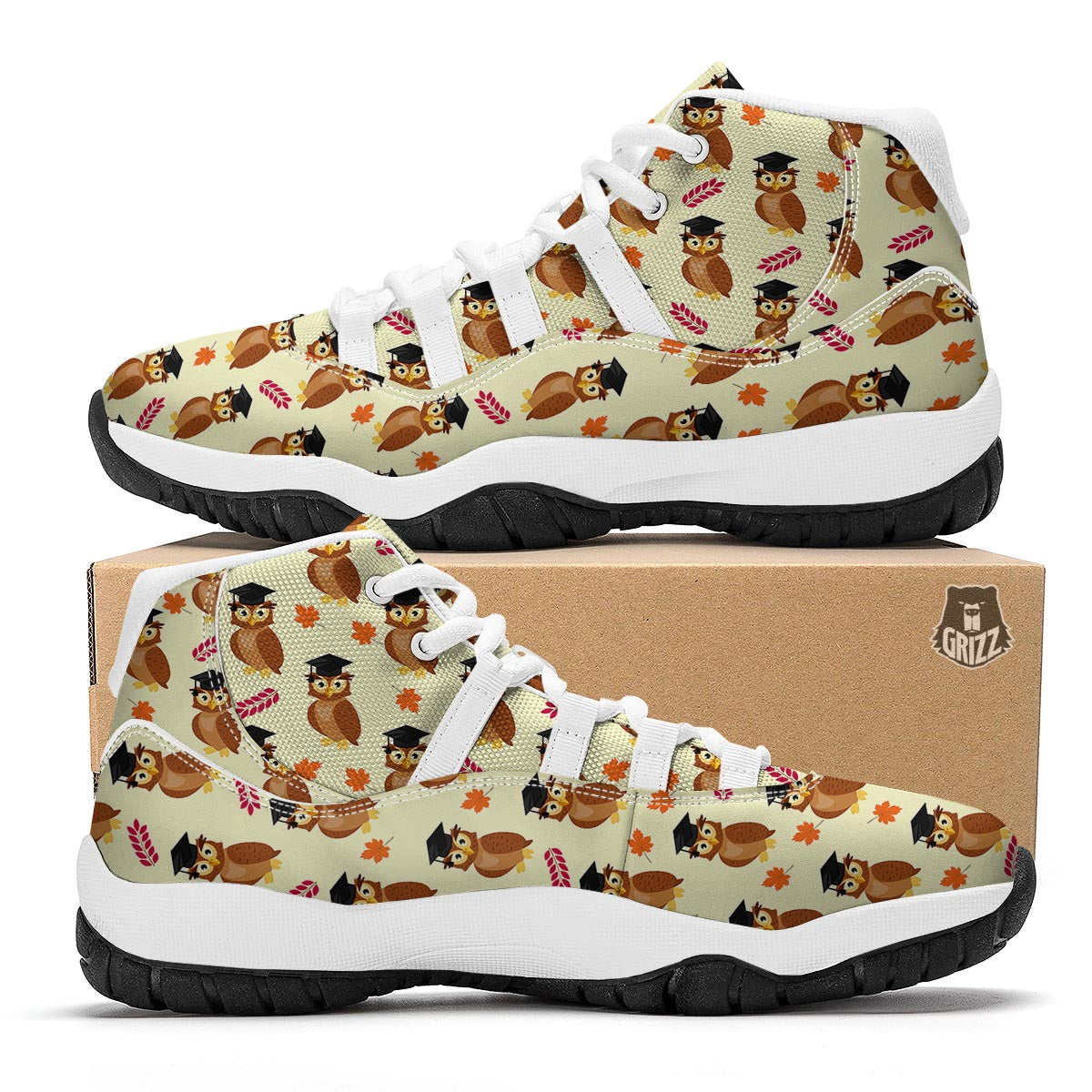 Graduation Owl Pattern Print White Bball Shoes-grizzshop
