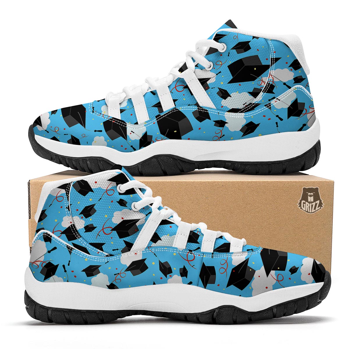 Graduation Print Pattern White Bball Shoes-grizzshop