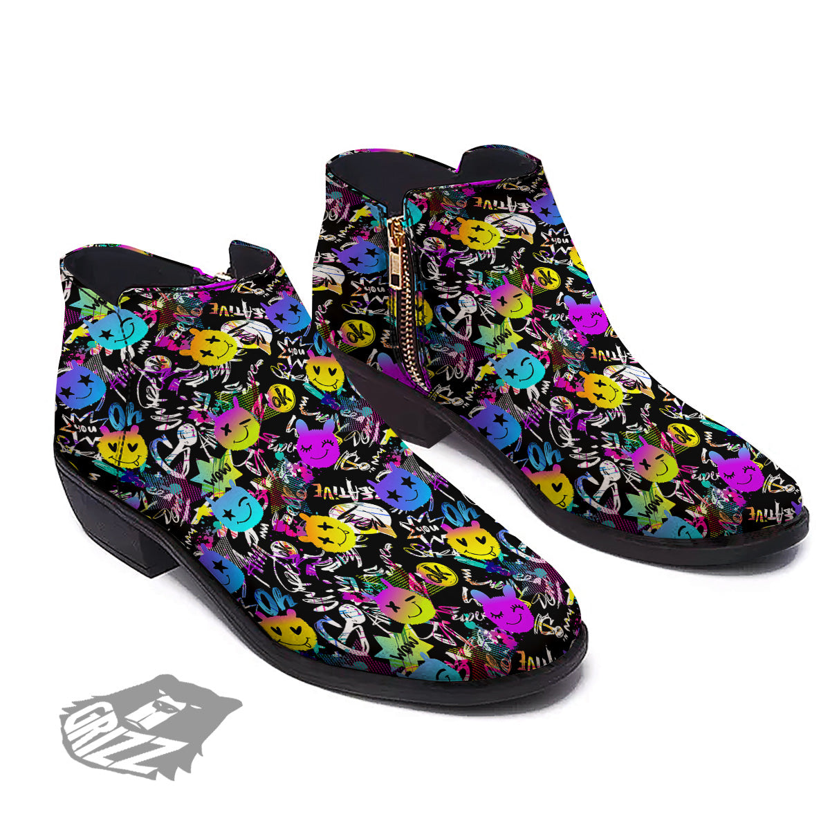 Graffiti Colorful Emoji Faces Print Pattern Ankle Boots-grizzshop