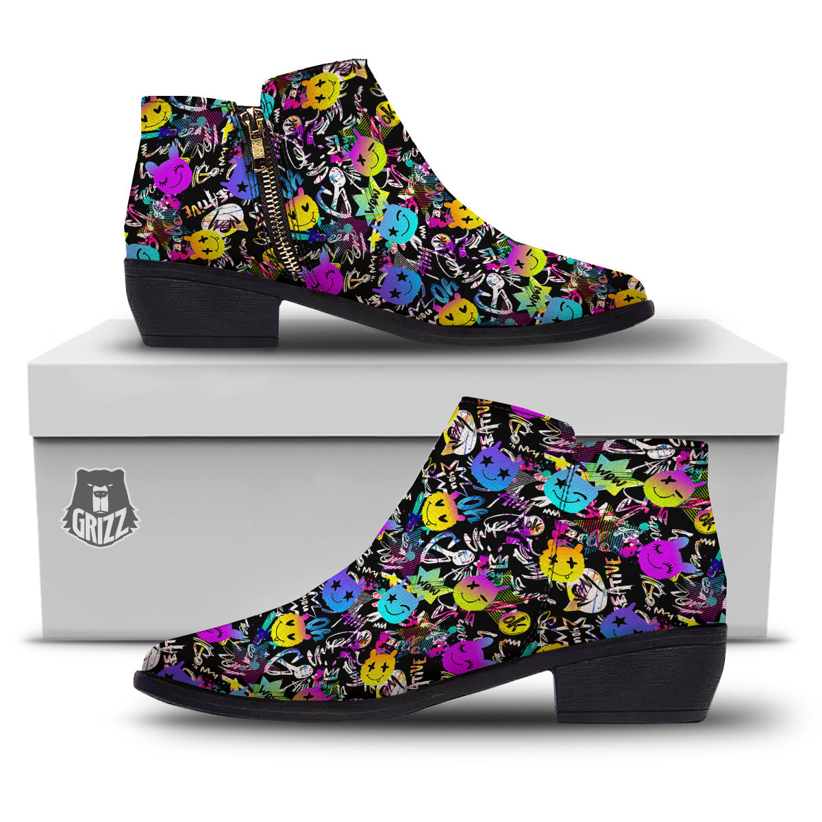 Graffiti Colorful Emoji Faces Print Pattern Ankle Boots-grizzshop