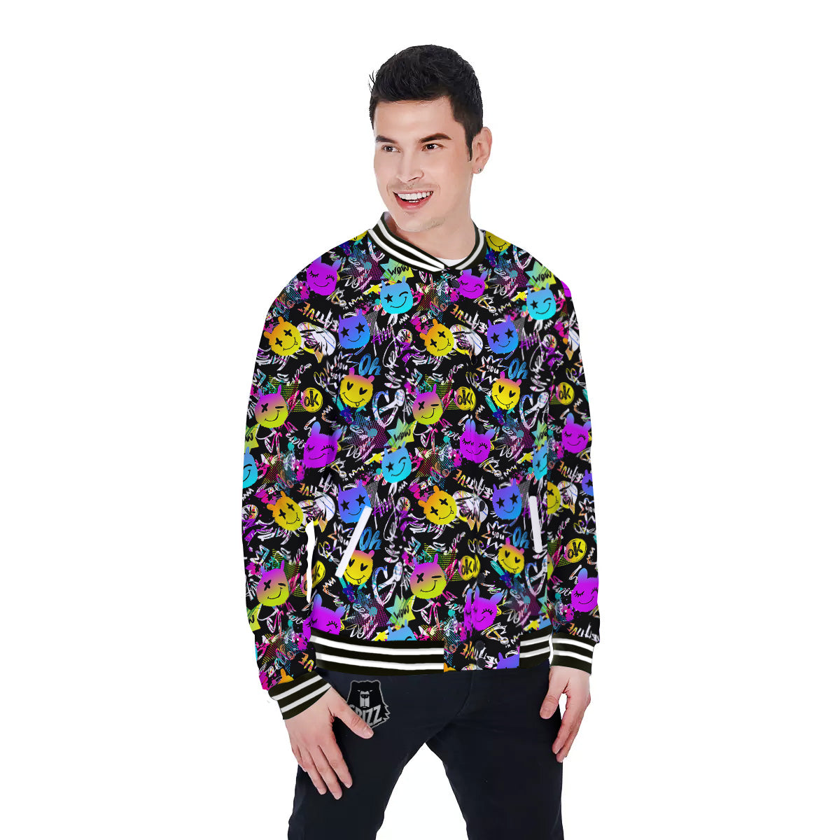 Graffiti Colorful Emoji Faces Print Pattern Baseball Jacket-grizzshop