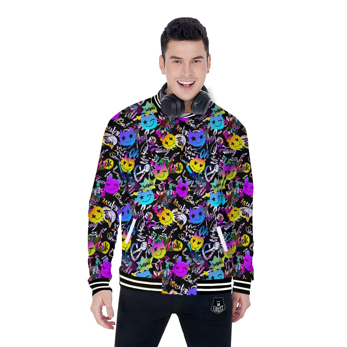 Graffiti Colorful Emoji Faces Print Pattern Baseball Jacket-grizzshop