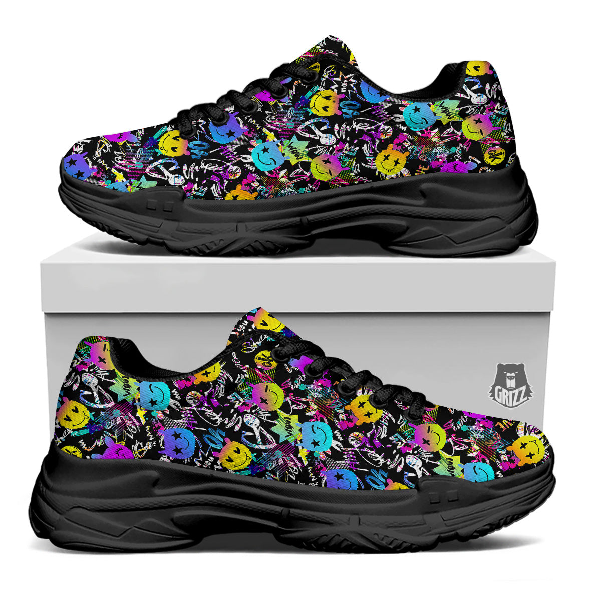 Graffiti Colorful Emoji Faces Print Pattern Black Chunky Shoes-grizzshop