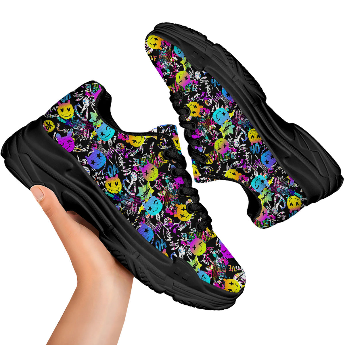 Graffiti Colorful Emoji Faces Print Pattern Black Chunky Shoes-grizzshop