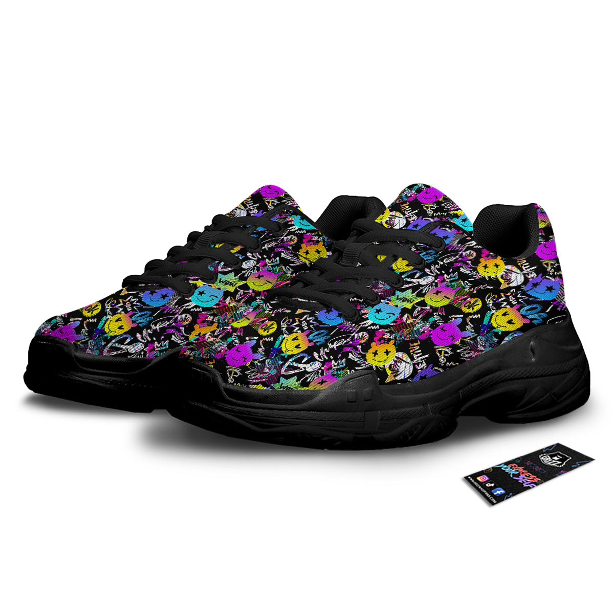 Graffiti Colorful Emoji Faces Print Pattern Black Chunky Shoes-grizzshop