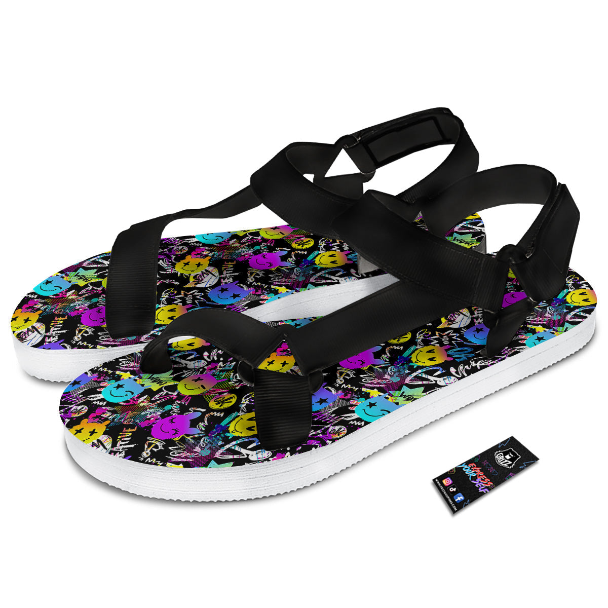 Graffiti Colorful Emoji Faces Print Pattern Black Open Toe Sandals-grizzshop