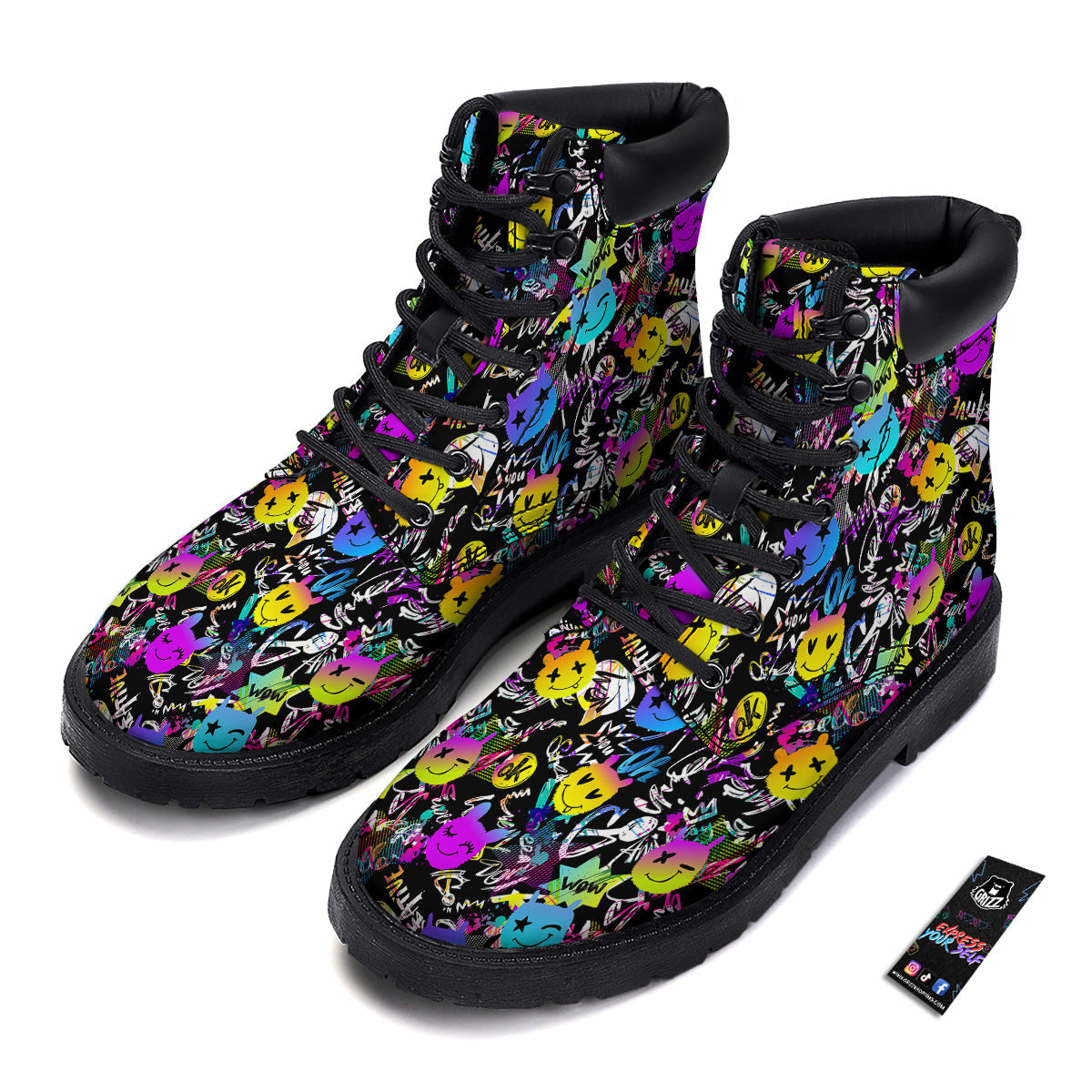 Graffiti Colorful Emoji Faces Print Pattern Boots-grizzshop