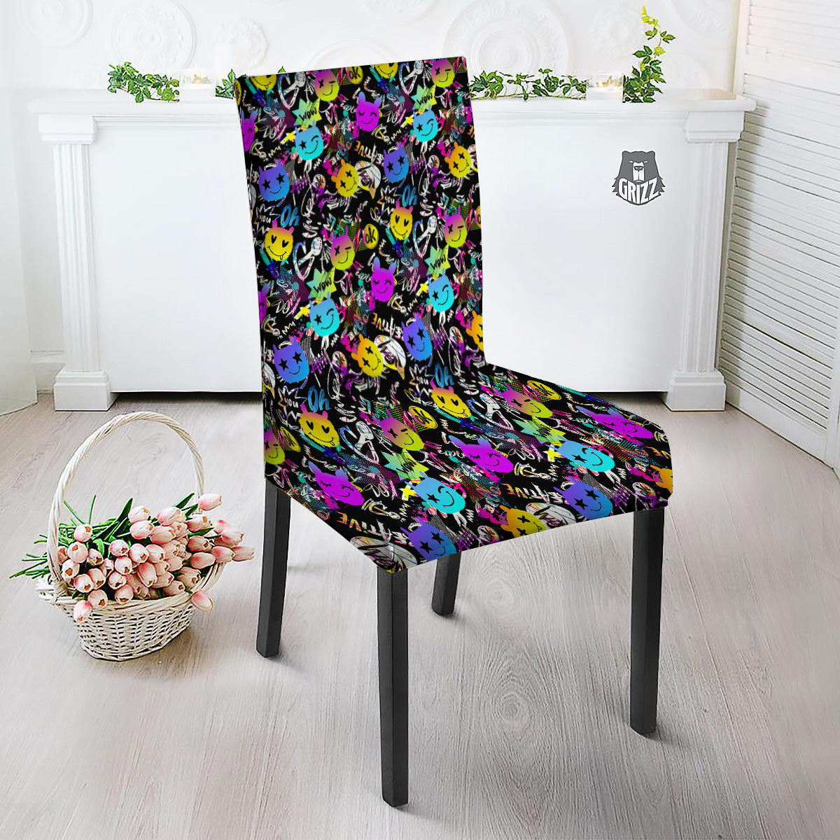 Graffiti Colorful Emoji Faces Print Pattern Dining Chair Slipcover-grizzshop