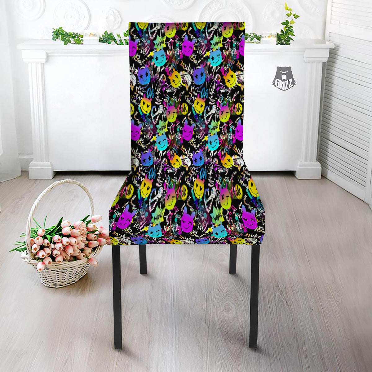 Graffiti Colorful Emoji Faces Print Pattern Dining Chair Slipcover-grizzshop