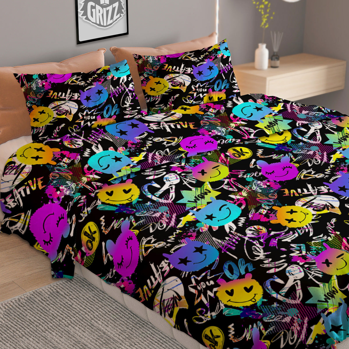 Graffiti Colorful Emoji Faces Print Pattern Duvet Cover Bedding Set