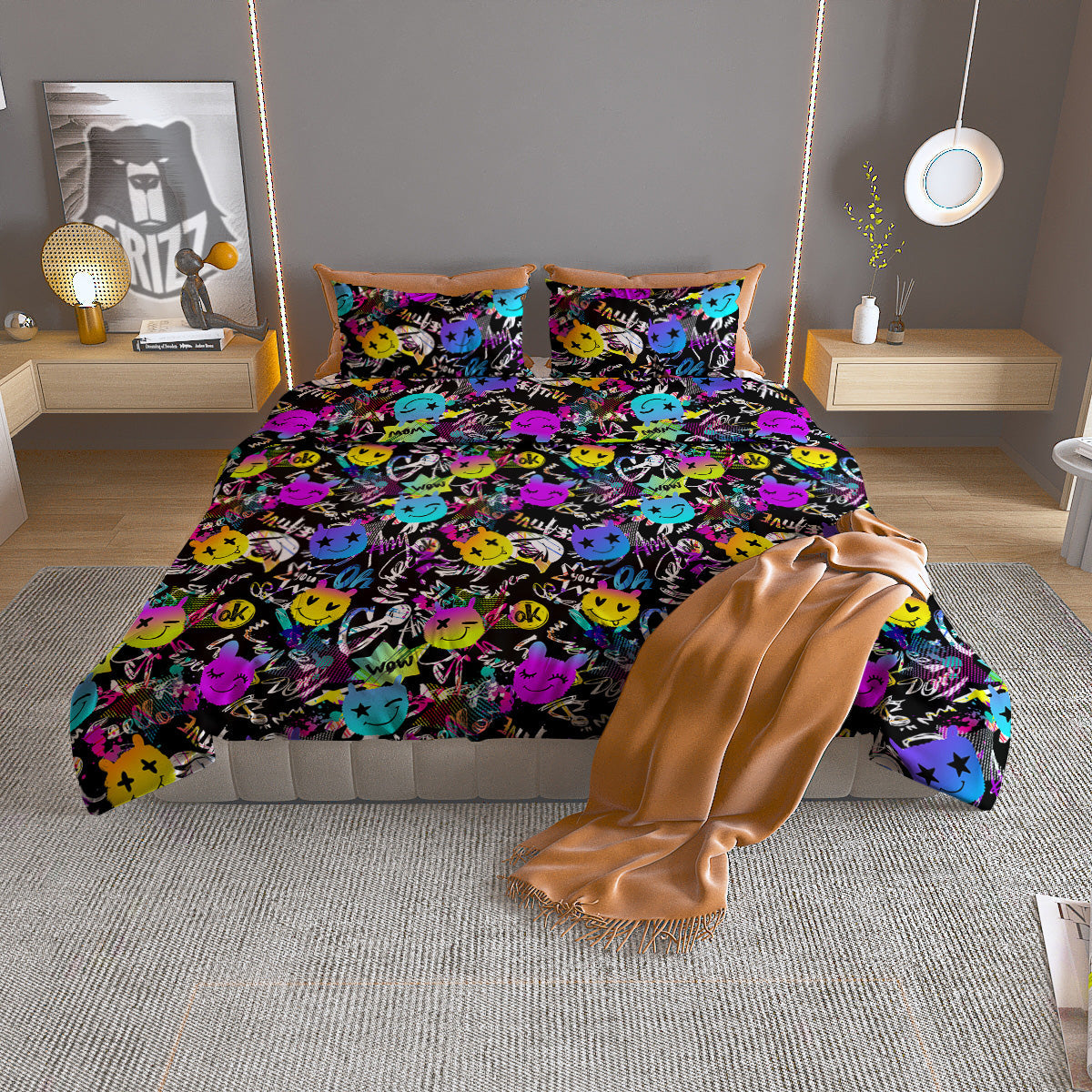 Graffiti Colorful Emoji Faces Print Pattern Duvet Cover Bedding Set