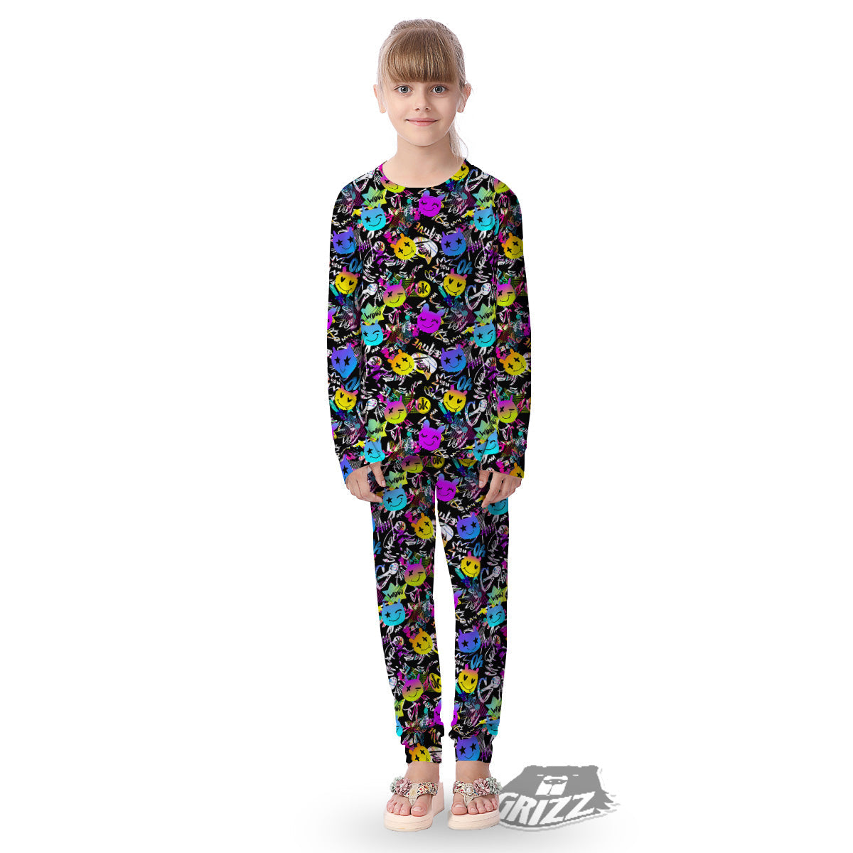 Graffiti Colorful Emoji Faces Print Pattern Kid's Pajamas-grizzshop