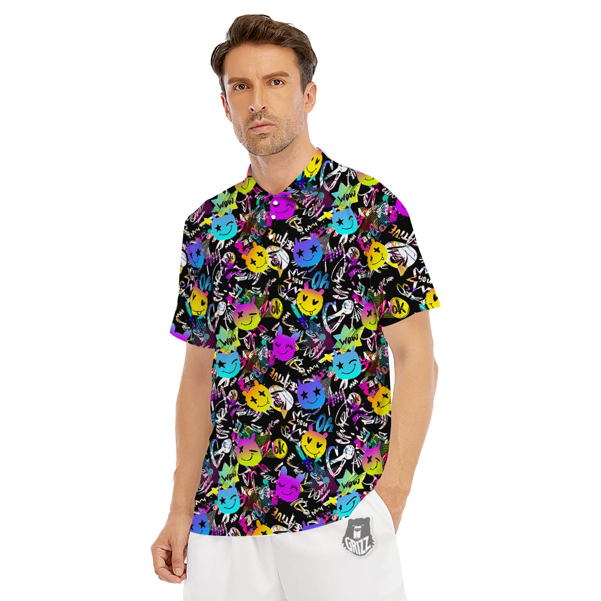 Graffiti Colorful Emoji Faces Print Pattern Men's Golf Shirts-grizzshop