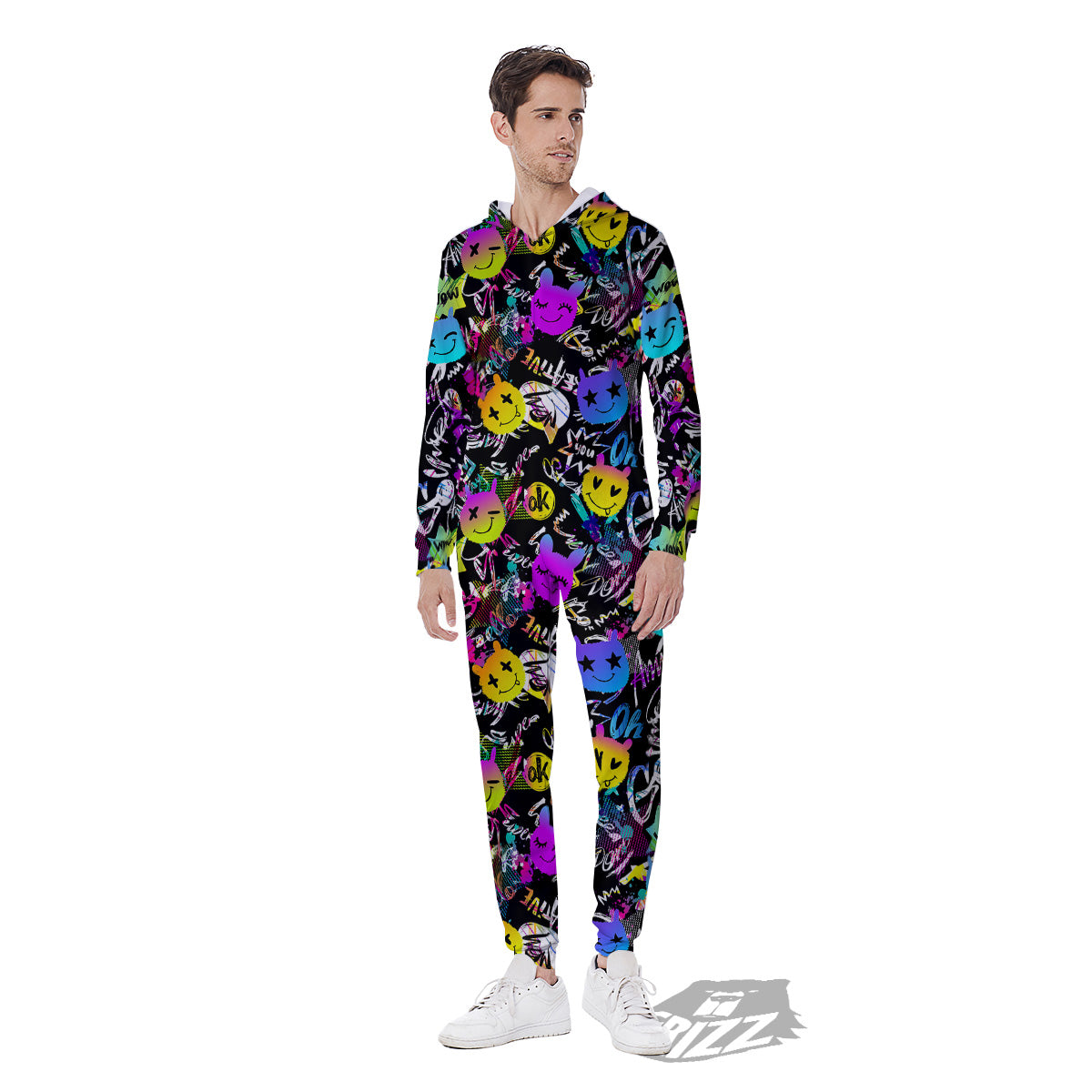 Graffiti Colorful Emoji Faces Print Pattern Men's Jumpsuit-grizzshop
