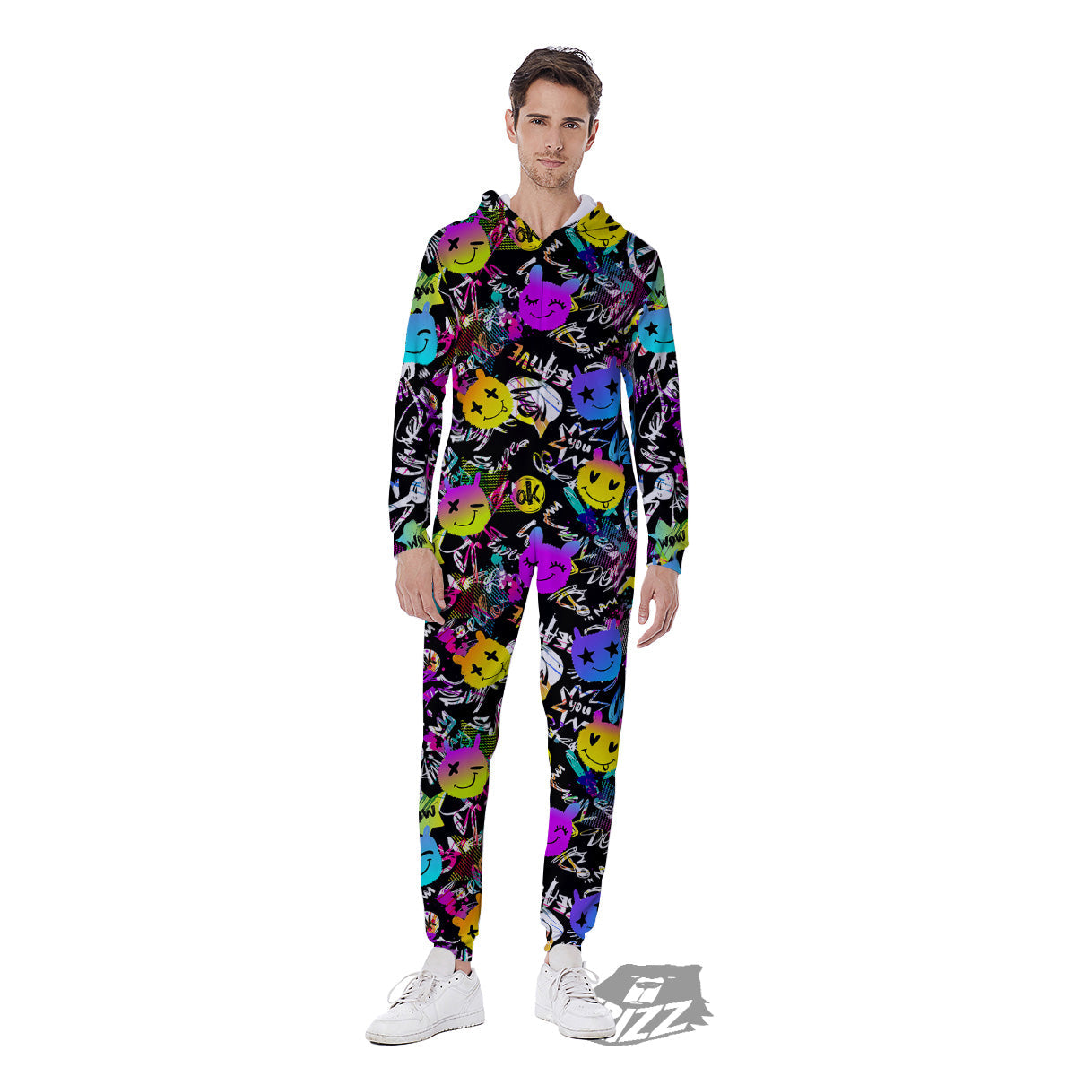 Graffiti Colorful Emoji Faces Print Pattern Men's Jumpsuit-grizzshop