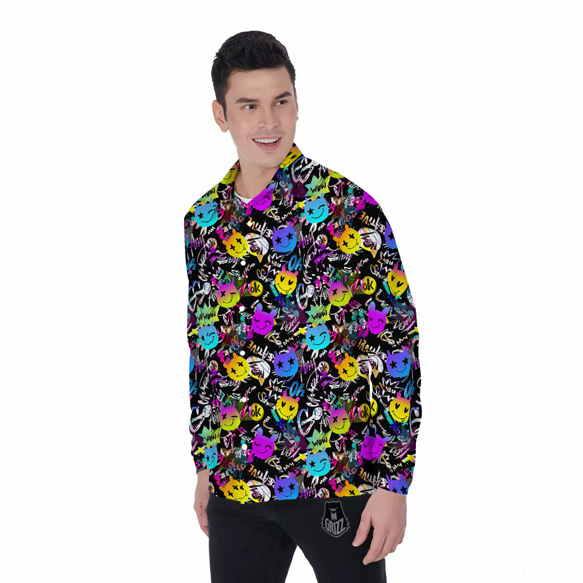 Graffiti Colorful Emoji Faces Print Pattern Men's Long Sleeve Shirts-grizzshop