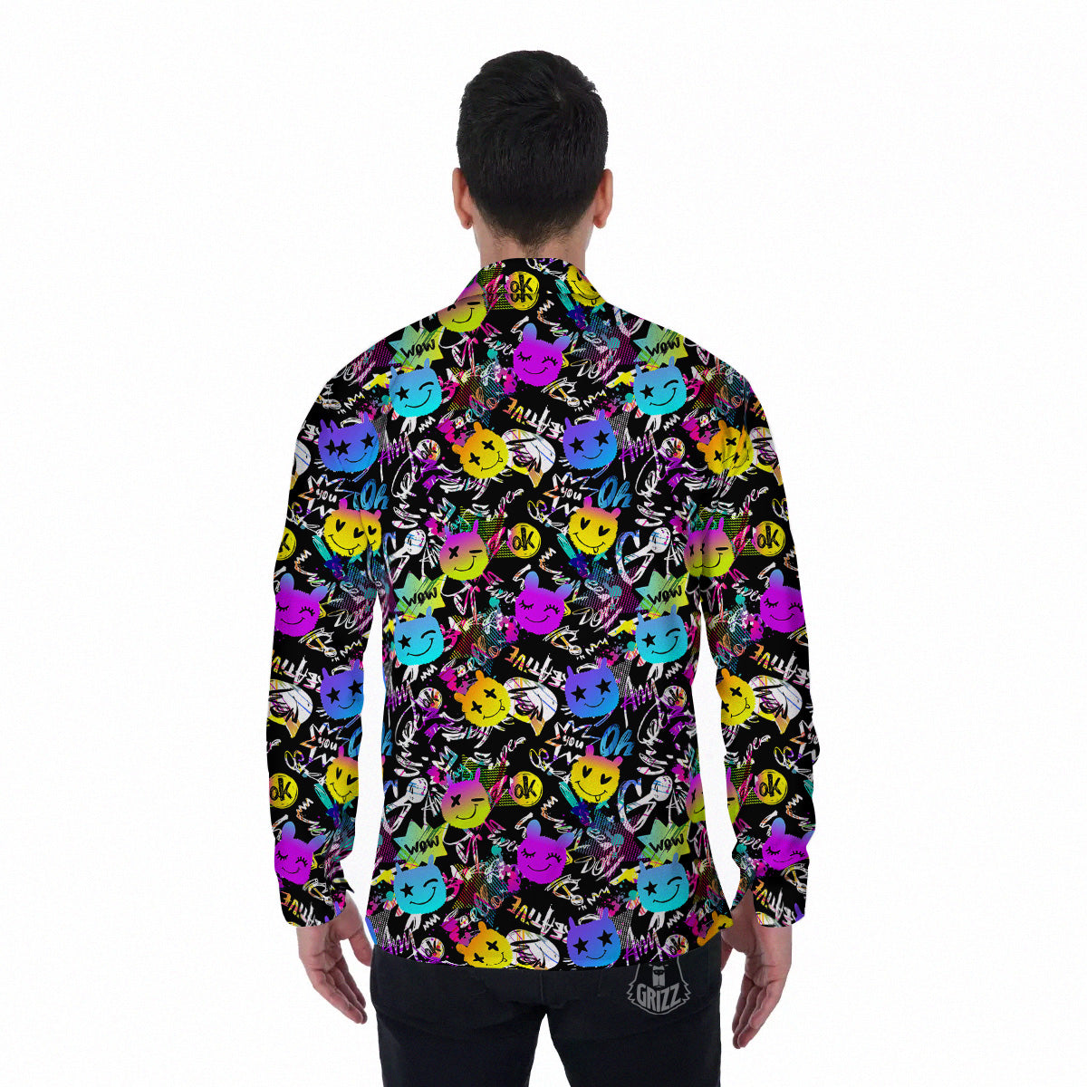 Graffiti Colorful Emoji Faces Print Pattern Men's Long Sleeve Shirts-grizzshop