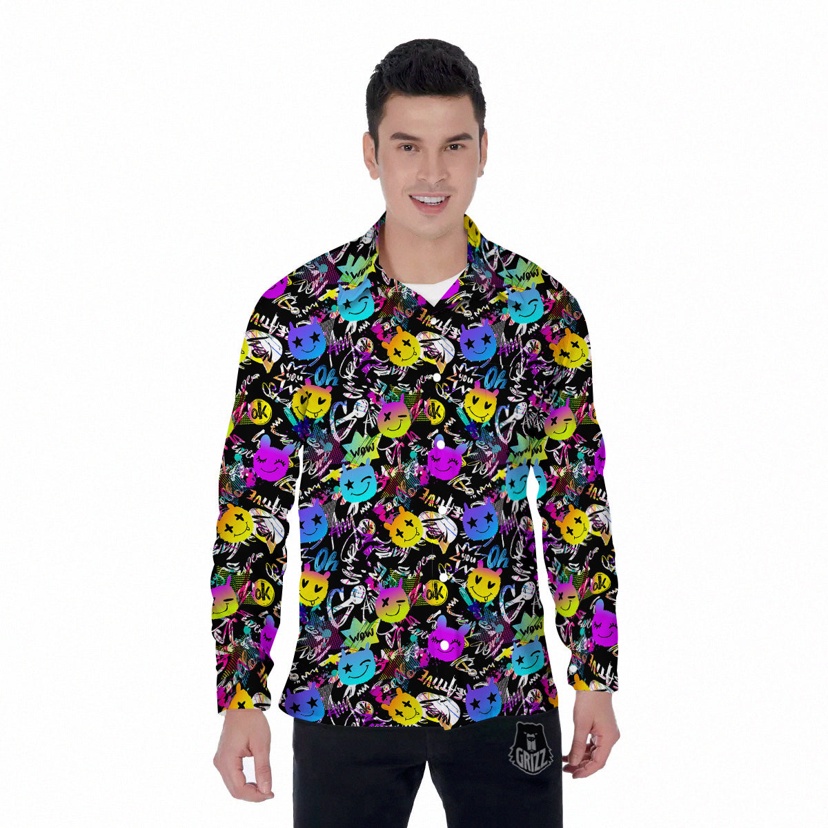 Graffiti Colorful Emoji Faces Print Pattern Men's Long Sleeve Shirts-grizzshop