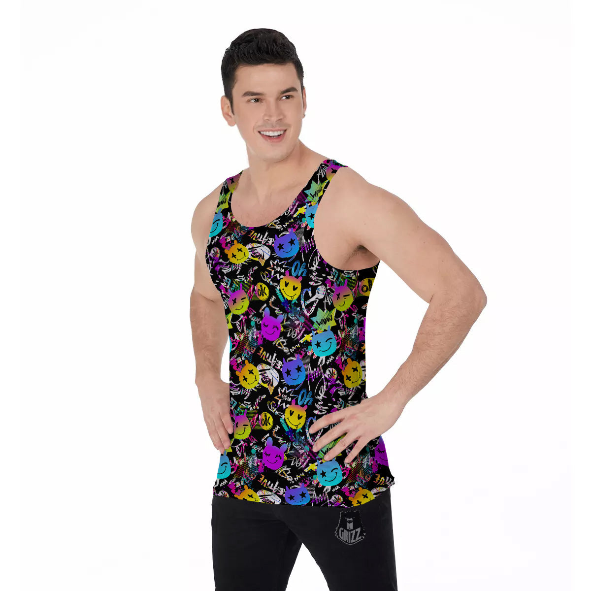 Graffiti Colorful Emoji Faces Print Pattern Men's Tank Top-grizzshop