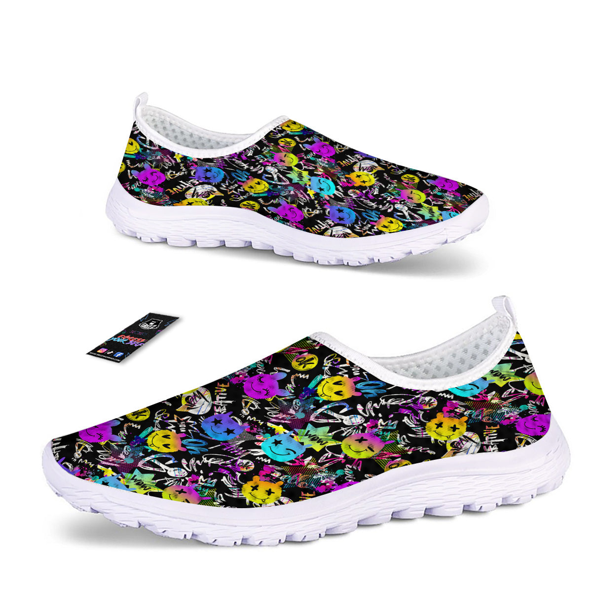 Graffiti Colorful Emoji Faces Print Pattern Nurse Shoes-grizzshop