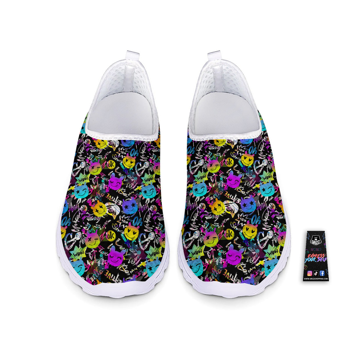 Graffiti Colorful Emoji Faces Print Pattern Nurse Shoes-grizzshop