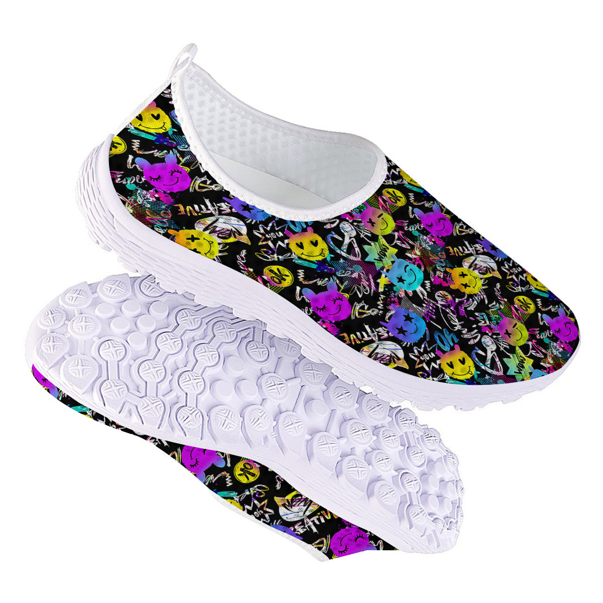 Graffiti Colorful Emoji Faces Print Pattern Nurse Shoes-grizzshop