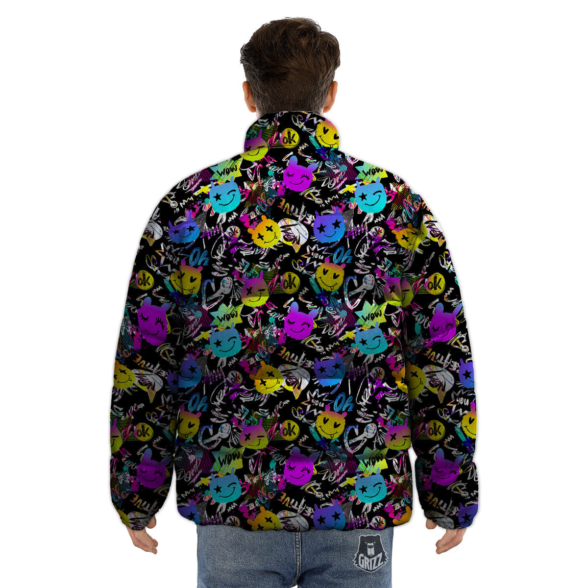 Graffiti Colorful Emoji Faces Print Pattern Puffer Jacket-grizzshop