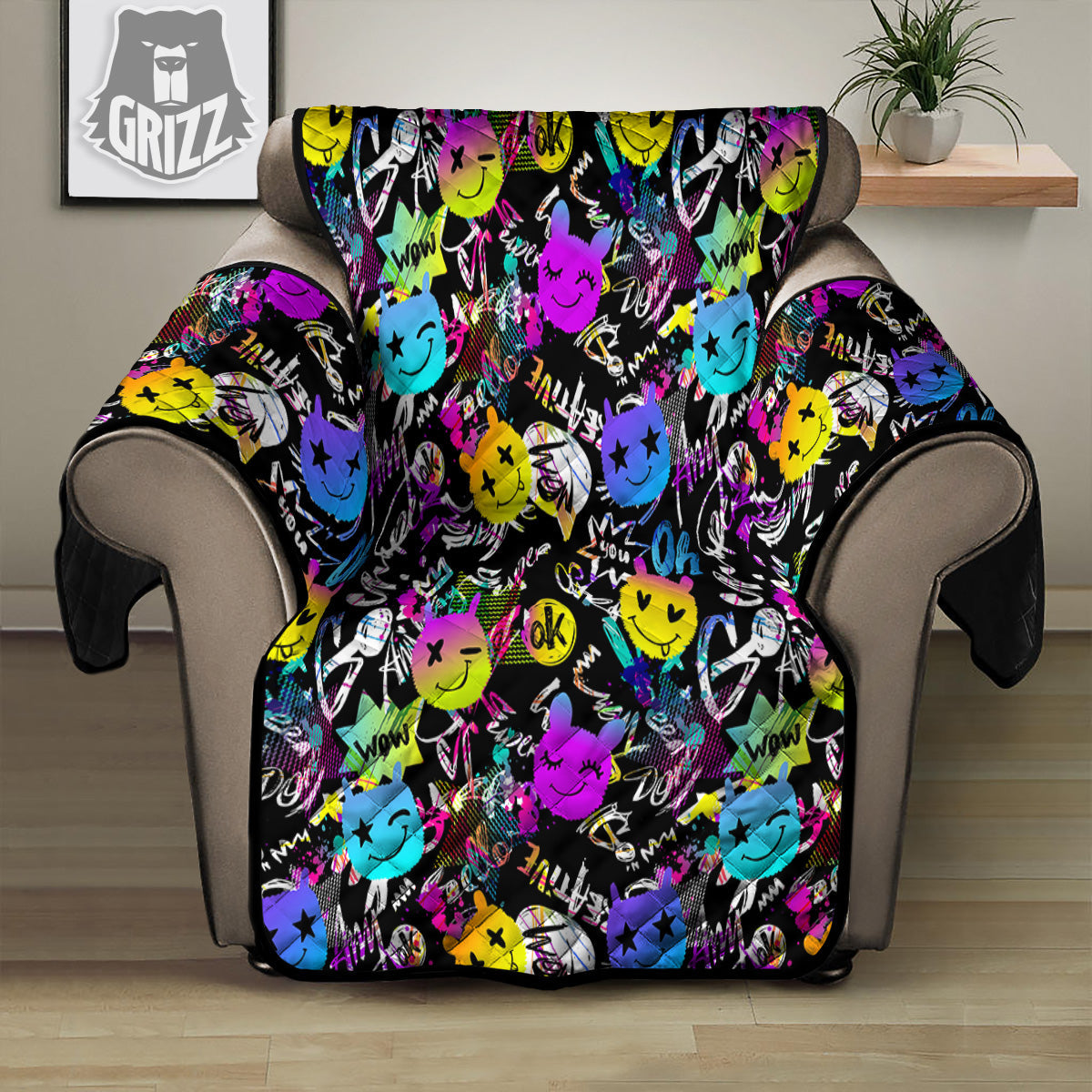 Graffiti Colorful Emoji Faces Print Pattern Recliner Protector-grizzshop