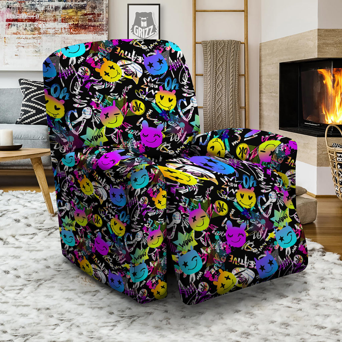 Graffiti Colorful Emoji Faces Print Pattern Recliner Slipcover-grizzshop