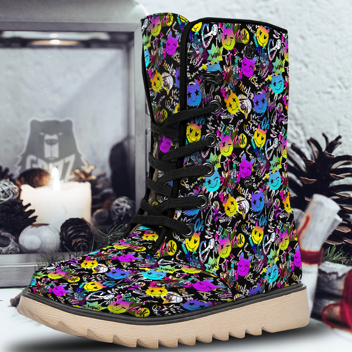 Graffiti Colorful Emoji Faces Print Pattern Snow Boots-grizzshop