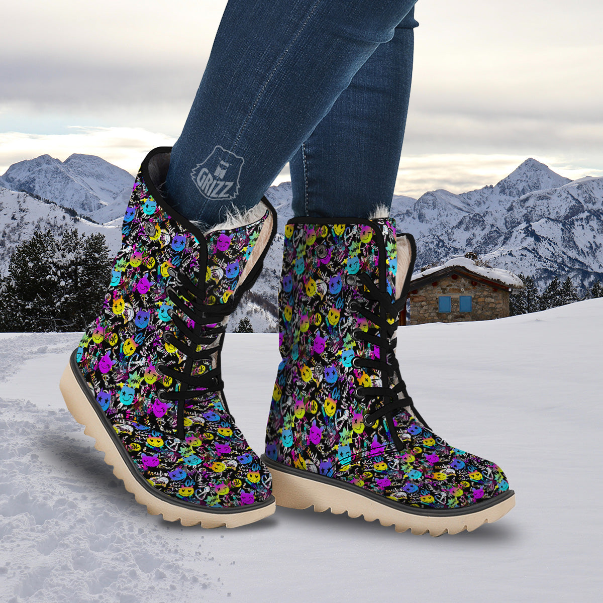 Graffiti Colorful Emoji Faces Print Pattern Snow Boots-grizzshop