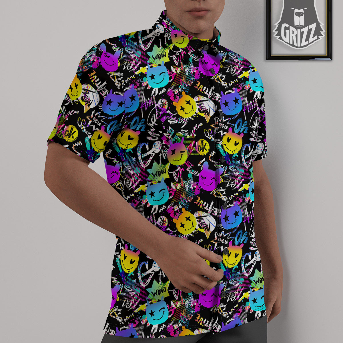 Graffiti Colorful Emoji Faces Print Pattern Untucked Shirts-grizzshop