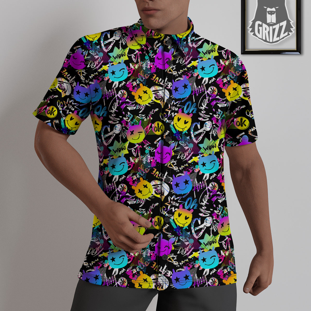 Graffiti Colorful Emoji Faces Print Pattern Untucked Shirts-grizzshop
