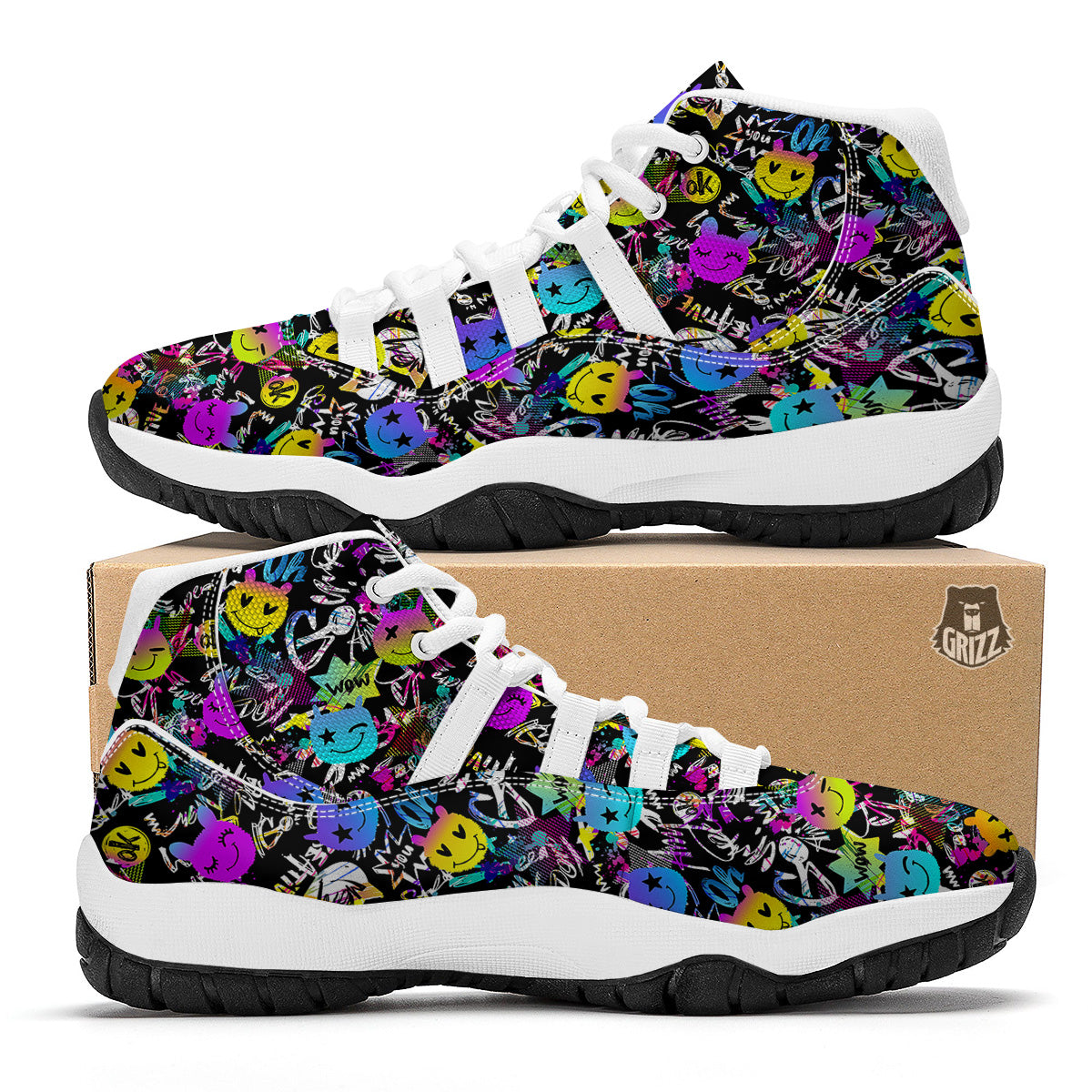 Graffiti Colorful Emoji Faces Print Pattern White Bball Shoes-grizzshop