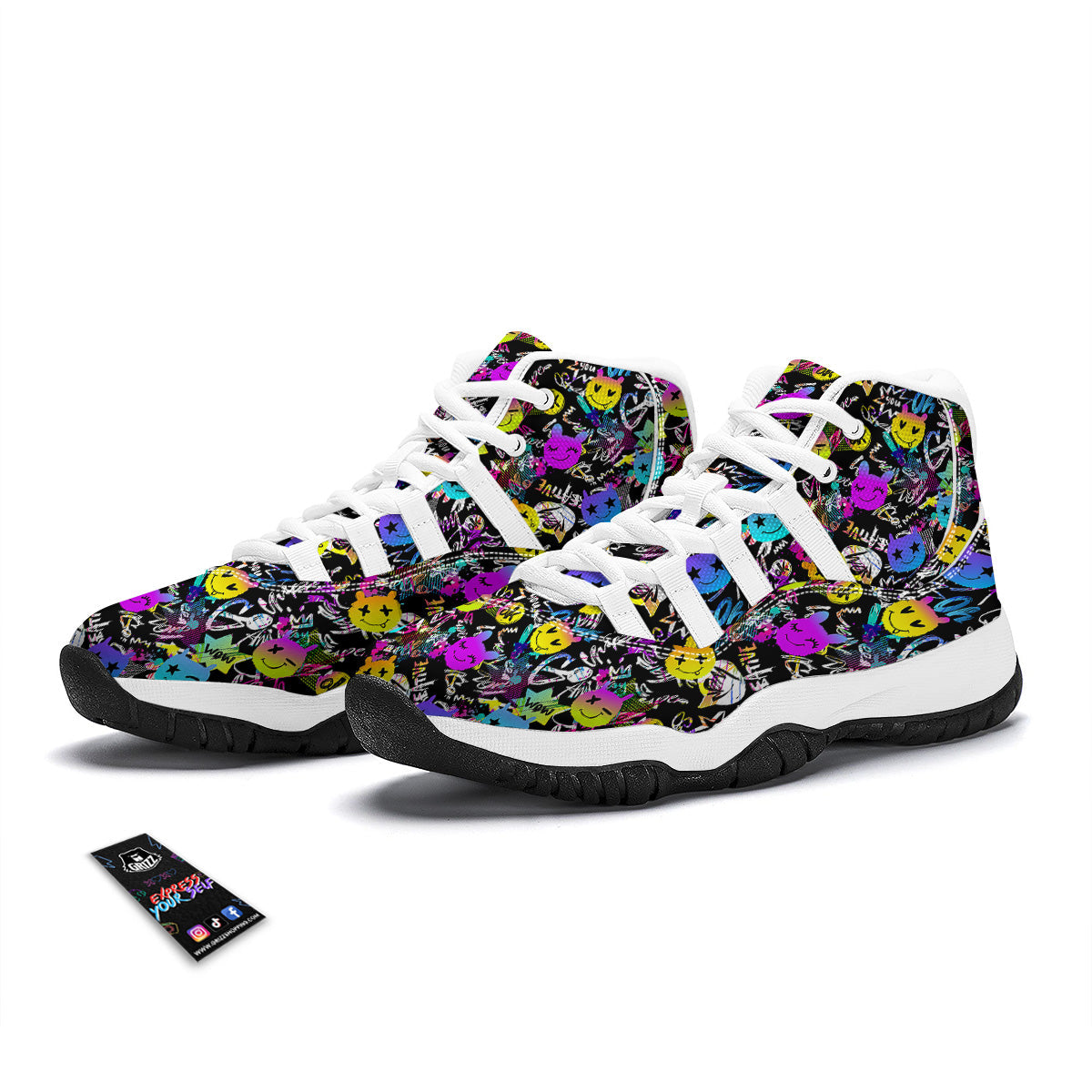 Graffiti Colorful Emoji Faces Print Pattern White Bball Shoes-grizzshop