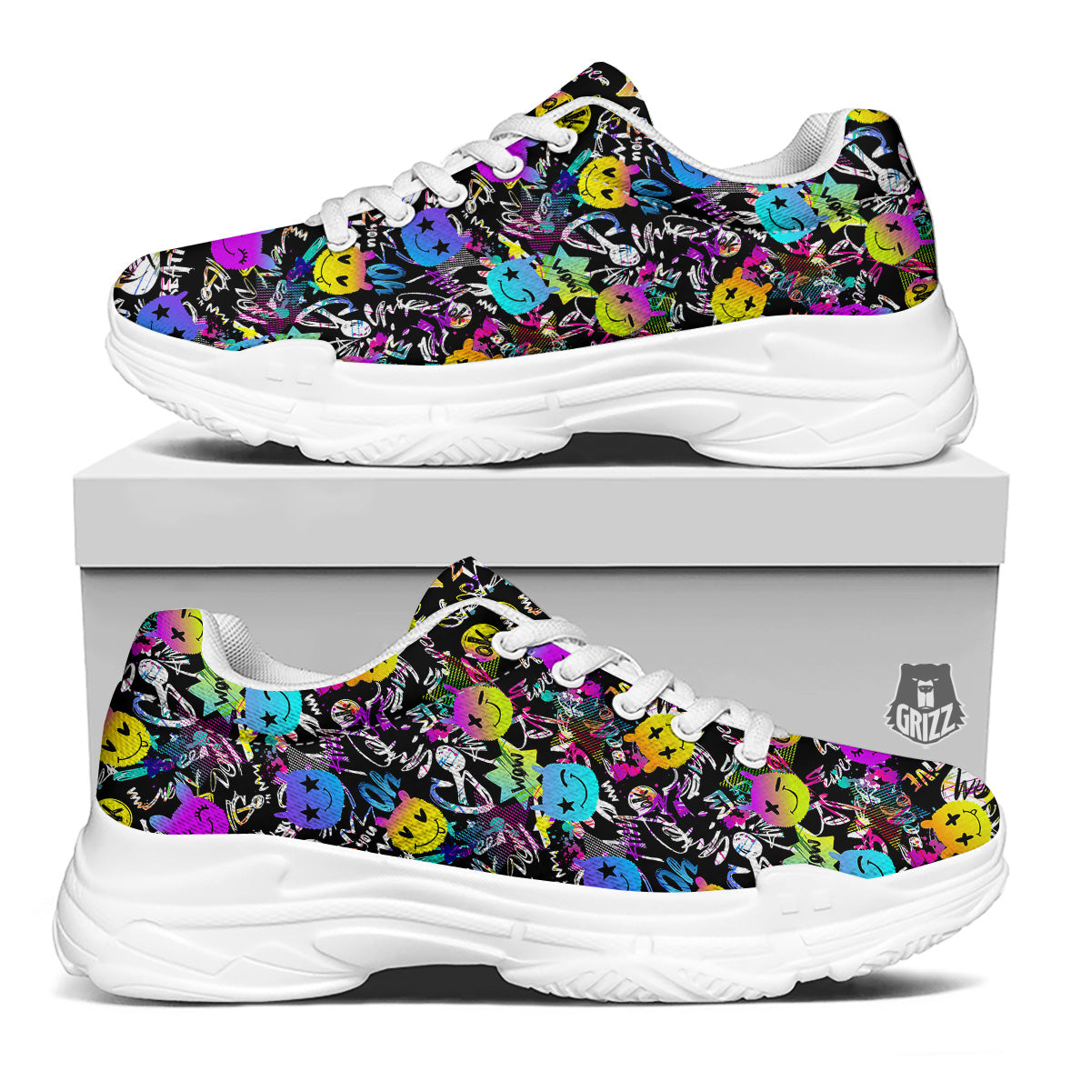 Graffiti Colorful Emoji Faces Print Pattern White Chunky Shoes-grizzshop