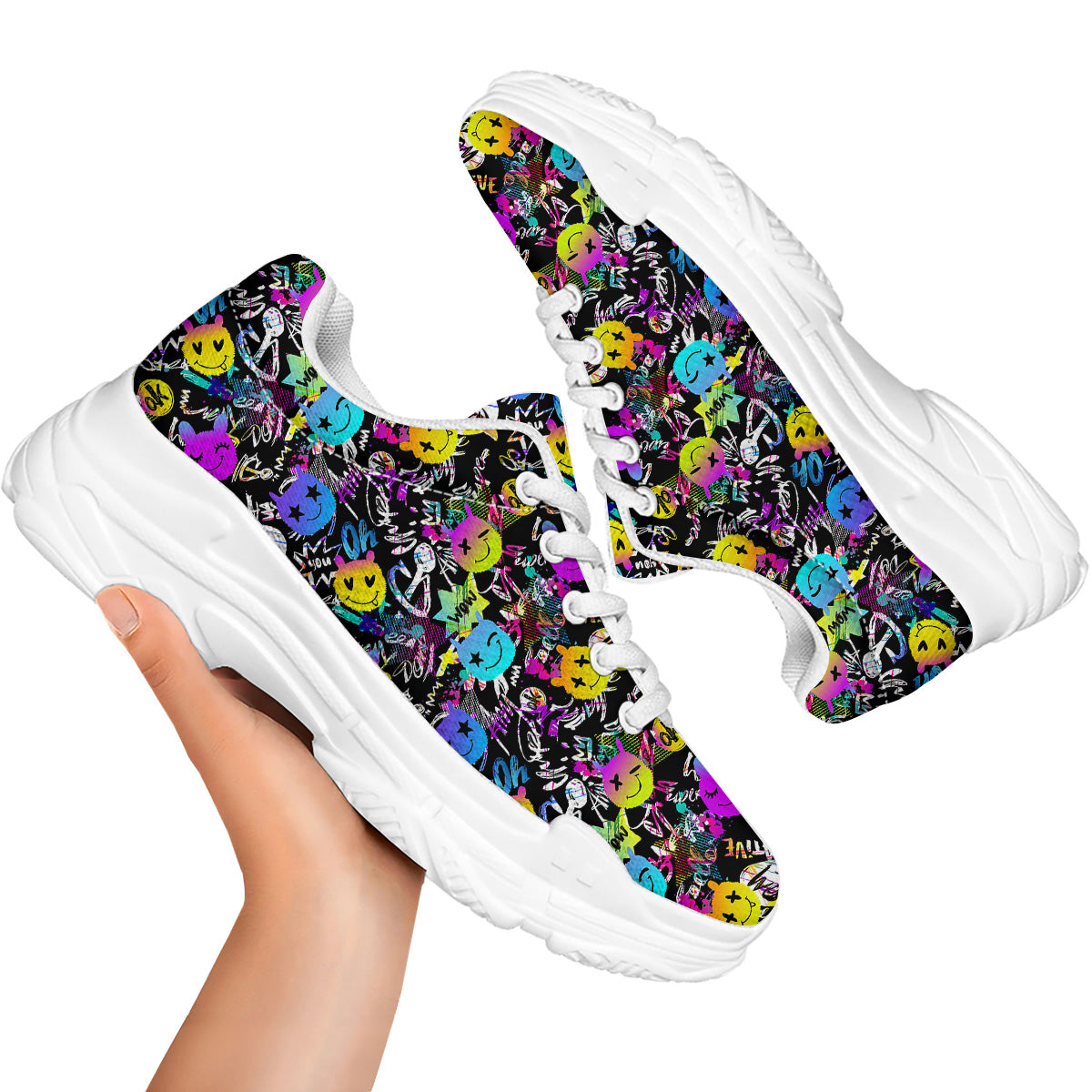 Graffiti Colorful Emoji Faces Print Pattern White Chunky Shoes-grizzshop