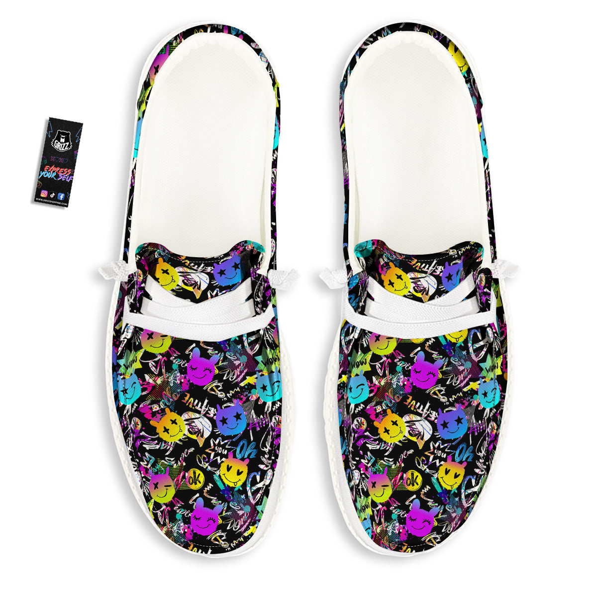 Graffiti Colorful Emoji Faces Print Pattern White Loafers-grizzshop