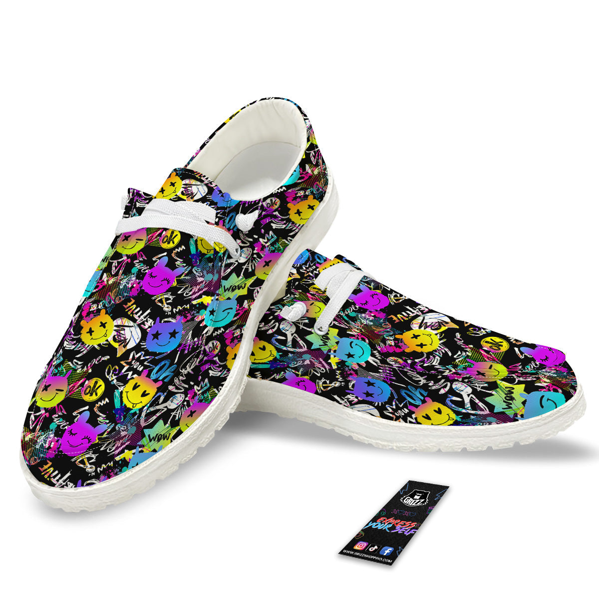 Graffiti Colorful Emoji Faces Print Pattern White Loafers-grizzshop