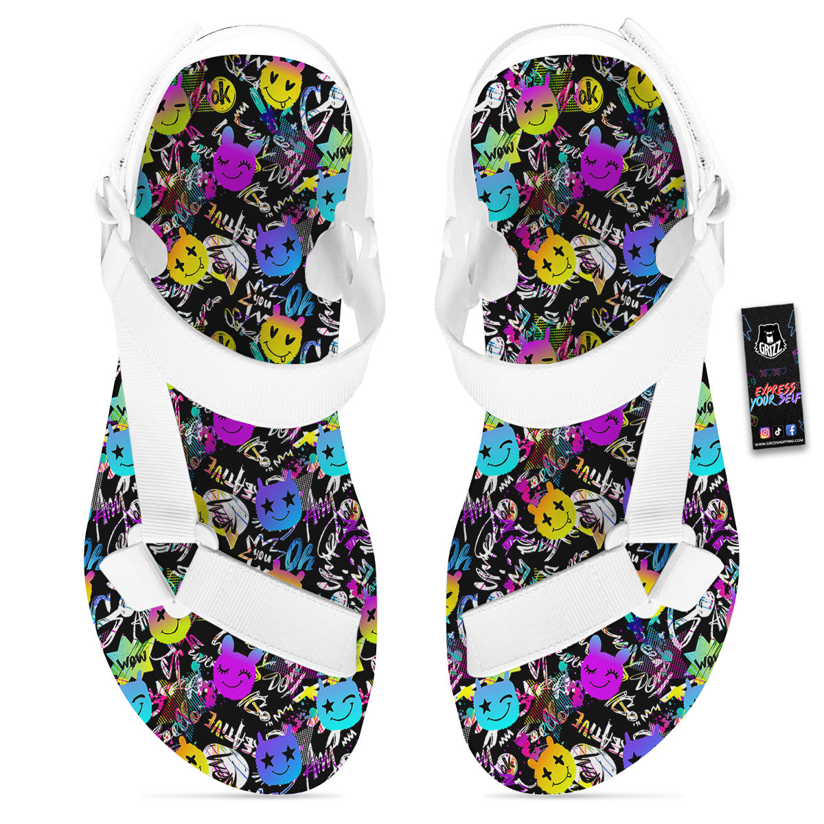 Graffiti Colorful Emoji Faces Print Pattern White Open Toe Sandals-grizzshop