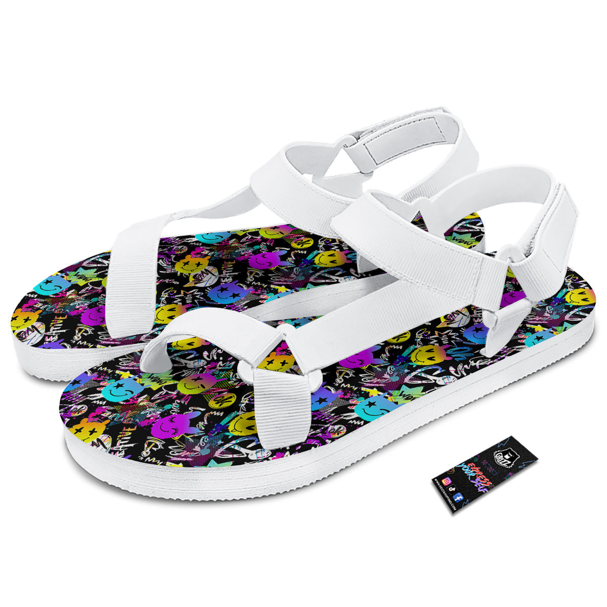 Graffiti Colorful Emoji Faces Print Pattern White Open Toe Sandals-grizzshop