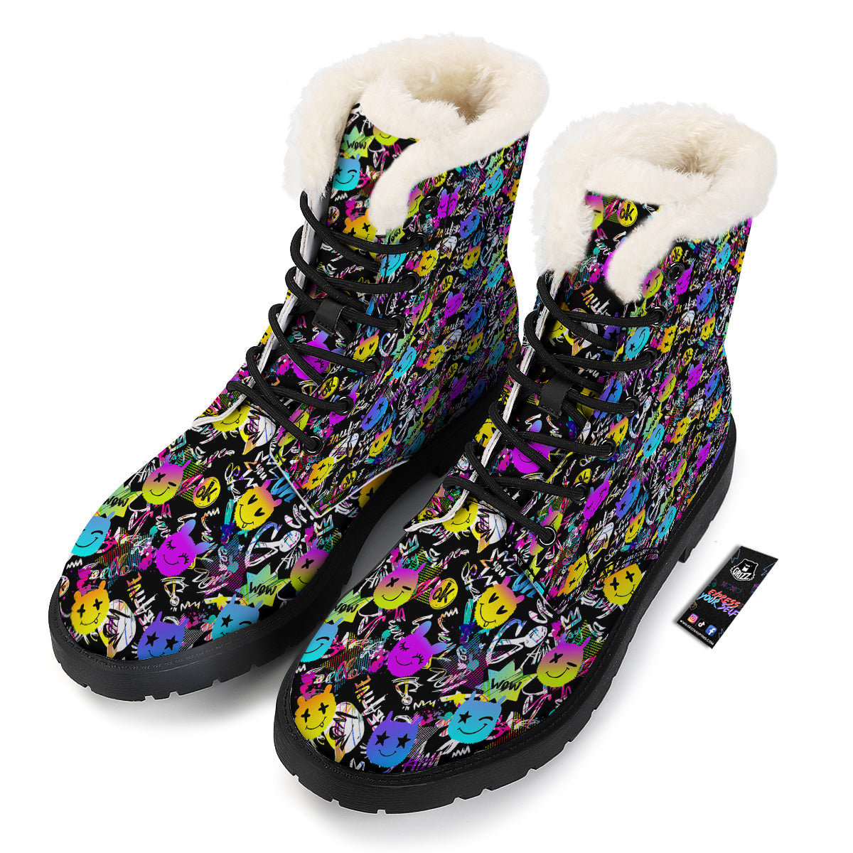 Graffiti Colorful Emoji Faces Print Pattern Winter Boots-grizzshop