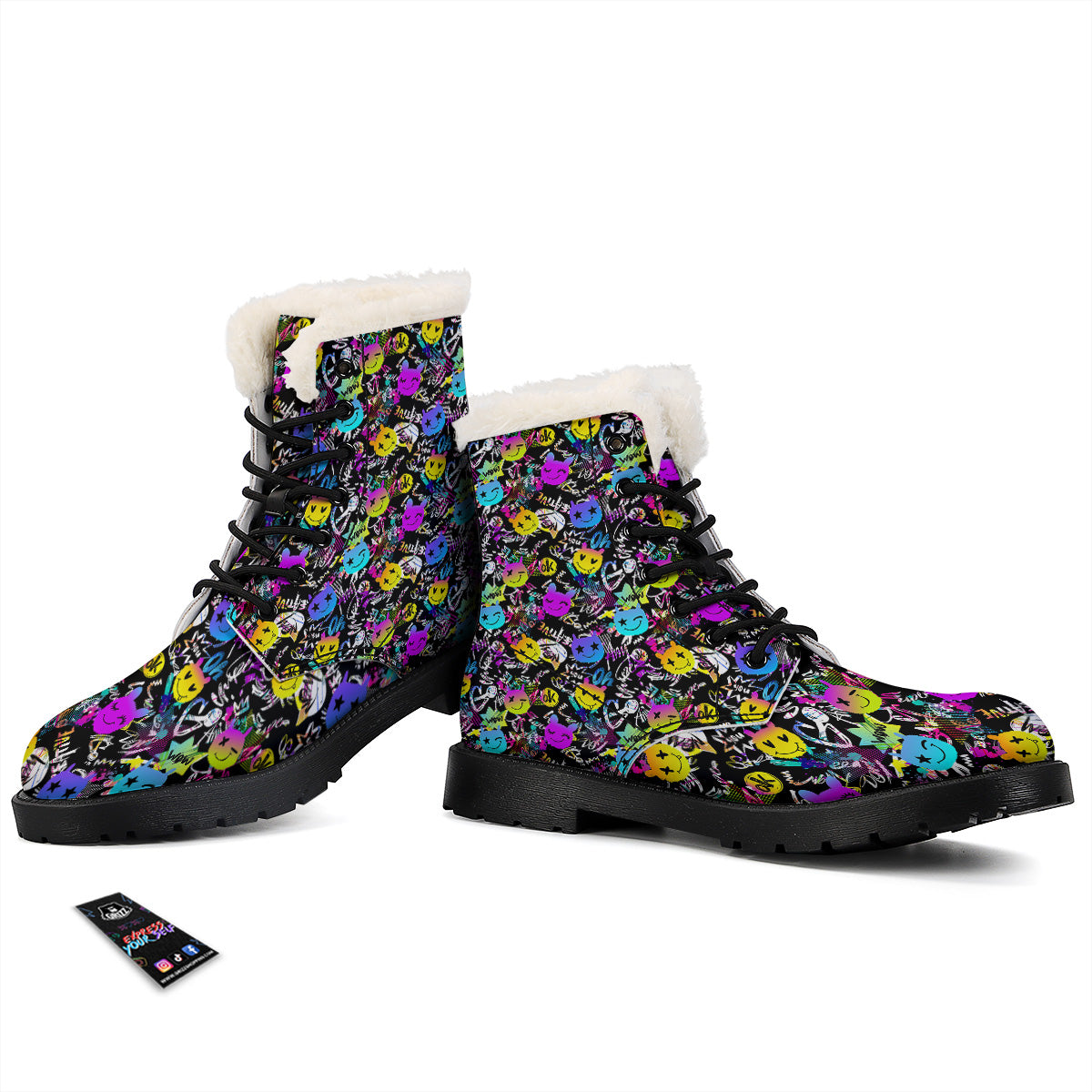 Graffiti Colorful Emoji Faces Print Pattern Winter Boots-grizzshop