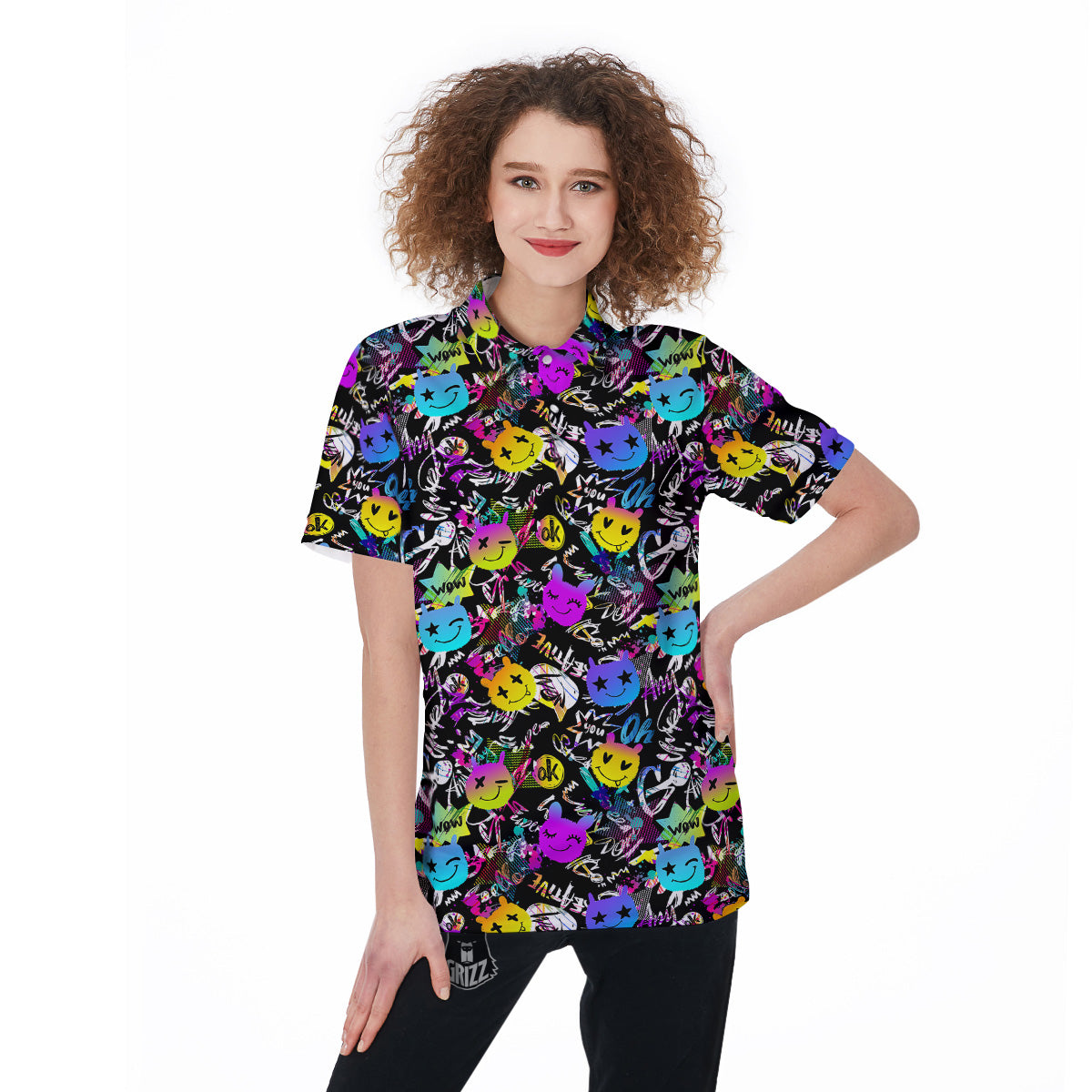 Graffiti Colorful Emoji Faces Print Pattern Women's Golf Shirts-grizzshop