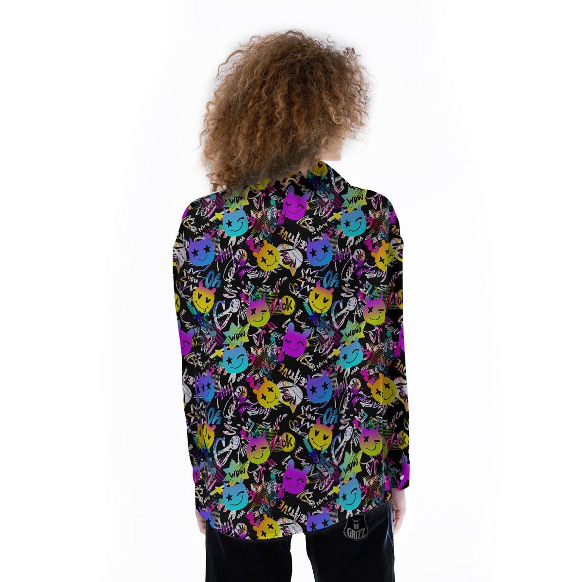 Graffiti Colorful Emoji Faces Print Pattern Women's Long Sleeve Shirts-grizzshop