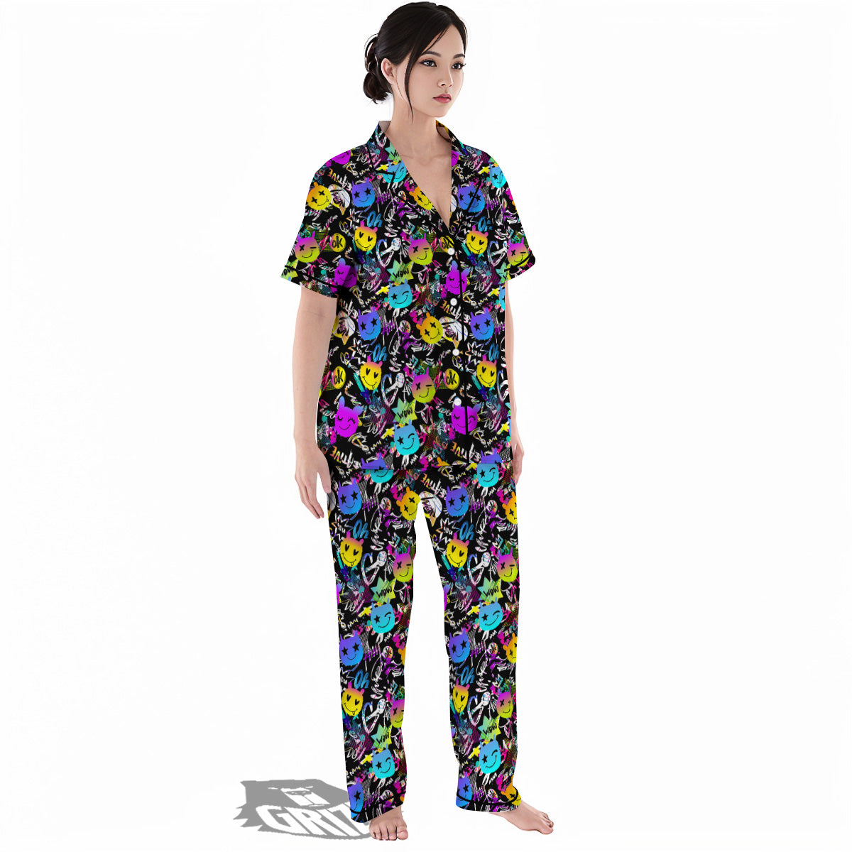 Graffiti Colorful Emoji Faces Print Pattern Women's Pajamas Set-grizzshop